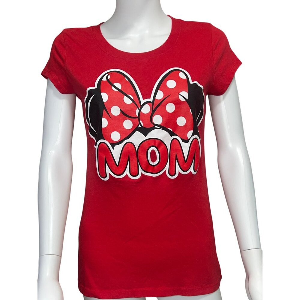 Disney Womens Red Mom Graphic Tee Minnie Bow Design 100% Cotton Size L